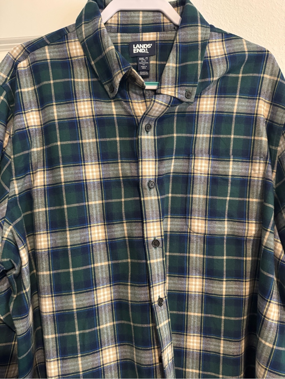 Lands' End Men's Blue and Green Plaid Button-Down Shirt